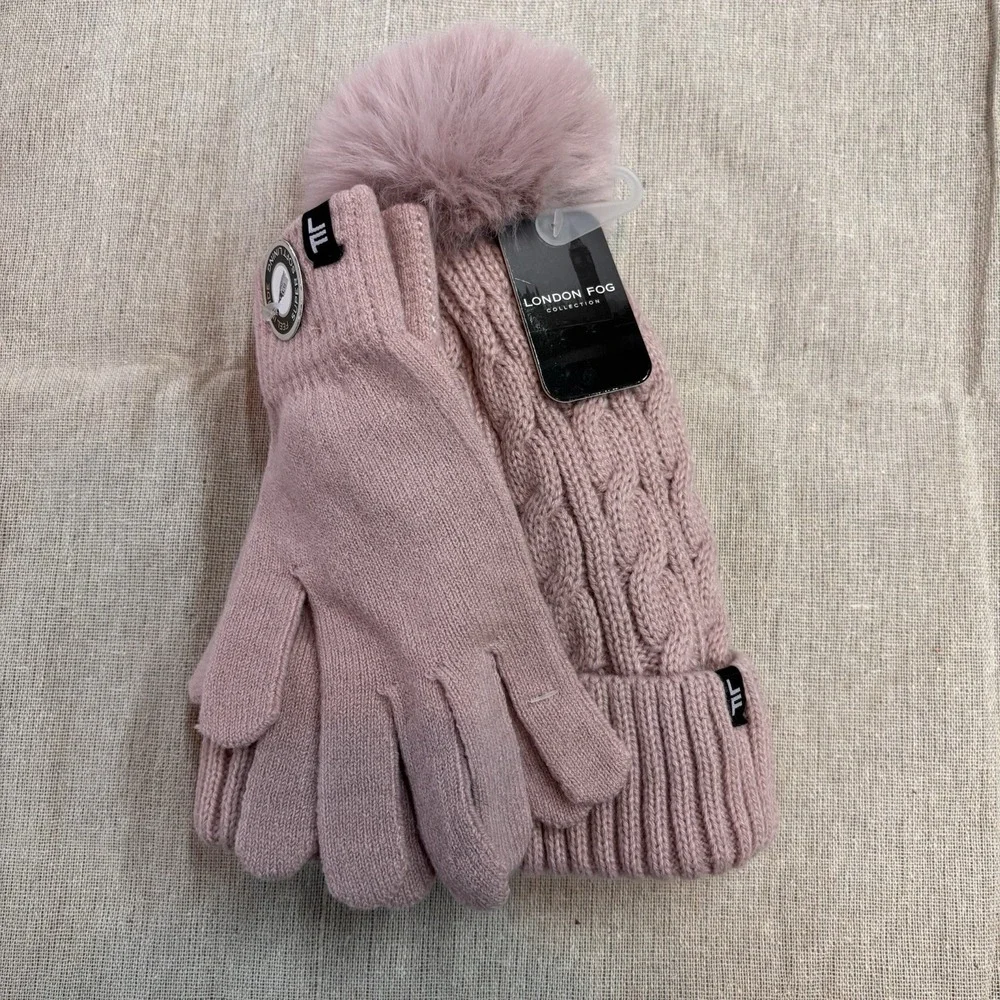 London Fog Women's Pink Cable-Knit Pom-Pom Beanie‎ Hat with gloves. One Size
